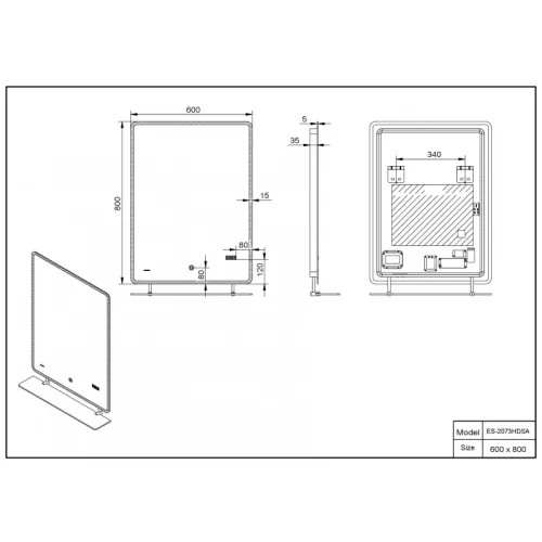 Зеркало со встроенной подсветкой Esbano ES-2073 HDSA 60x80(с полочкой), изображение 4