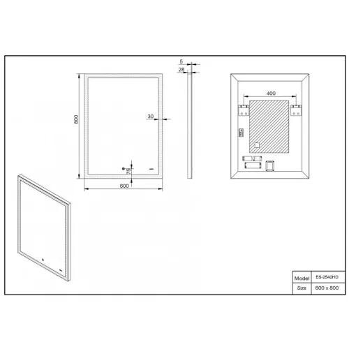 Зеркало со встроенной подсветкой Esbano ES-2542 HD 60х80, изображение 3