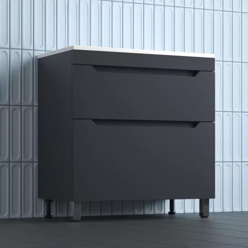 Тумба напольная Style line "Остин" с раковиной Фортуна 2 ящ графит эмаль PLUS, Выбрать цвет: Графит, Выбрать размер: 80, Внешний вид: с белой раковиной, изображение 3