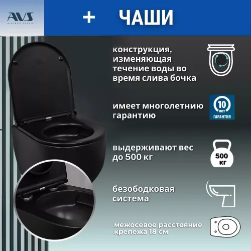 Унитаз подвесной AVS Спутник безободковый, черный матовый, Выбрать цвет: Черный, изображение 3