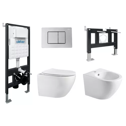 Комплект ABBER унитаз AC1100 белый с инсталляцией AC0105 и кнопкой  хром, биде AC1150 с инсталляцией AC0101P, Цвет кнопки: Хром, Выбрать цвет: Белый, Внешний вид: квадратная кнопка