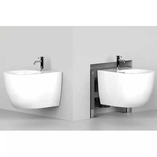 Комплект ABBER унитаз AC1100 белый с инсталляцией AC0105 и кнопкой  хром, биде AC1150 с инсталляцией AC0101P, Цвет кнопки: Хром, Выбрать цвет: Белый, Внешний вид: квадратная кнопка, изображение 6