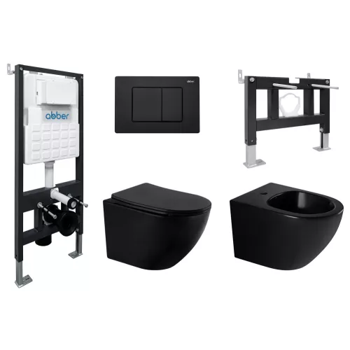 Комплект ABBER унитаз AC1100MB черный матовый с инсталляцией AC0105 и кнопкой , биде AC1150MB с инсталляцией AC0101P, Цвет кнопки: Черный, Выбрать цвет: Черный, Внешний вид: квадратная кнопка