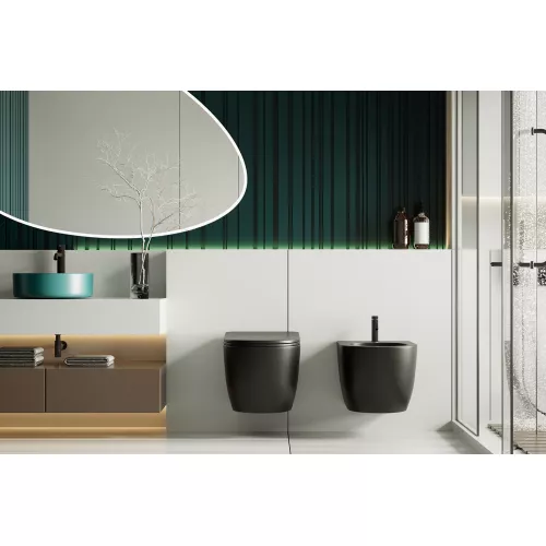 Комплект ABBER унитаз AC1100MB черный матовый с инсталляцией AC0105 и кнопкой , биде AC1150MB с инсталляцией AC0101P, Цвет кнопки: Черный, Выбрать цвет: Черный, Внешний вид: квадратная кнопка, изображение 2