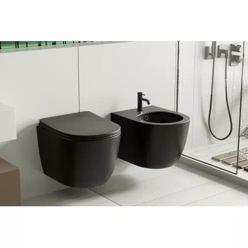 Комплект ABBER унитаз AC1100MB черный матовый с инсталляцией AC0105 и кнопкой , биде AC1150MB с инсталляцией AC0101P, Цвет кнопки: Черный, Выбрать цвет: Черный, Внешний вид: квадратная кнопка, изображение 3