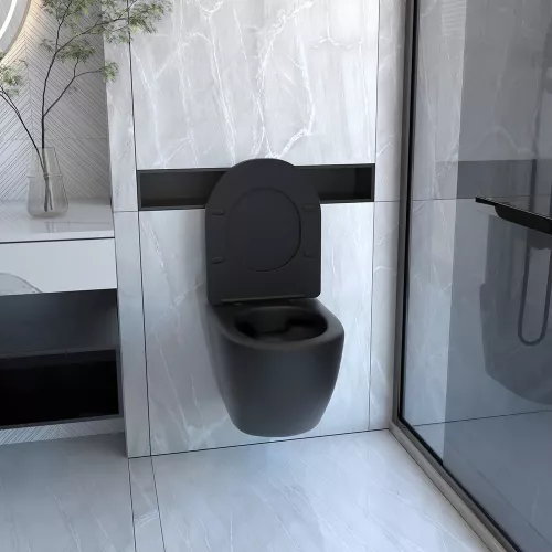 Комплект ABBER унитаз AC1100MB черный матовый с инсталляцией AC0105 и кнопкой , биде AC1150MB с инсталляцией AC0101P, Цвет кнопки: Черный, Выбрать цвет: Черный, Внешний вид: квадратная кнопка, изображение 4