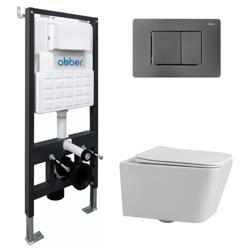 Комплект подвесной унитаз ABBER Rechteck AC1201 белый с инсталляцией AC0105 и кнопкой  никель, Цвет кнопки: Серый, Выбрать цвет: Белый, Внешний вид: квадратная кнопка