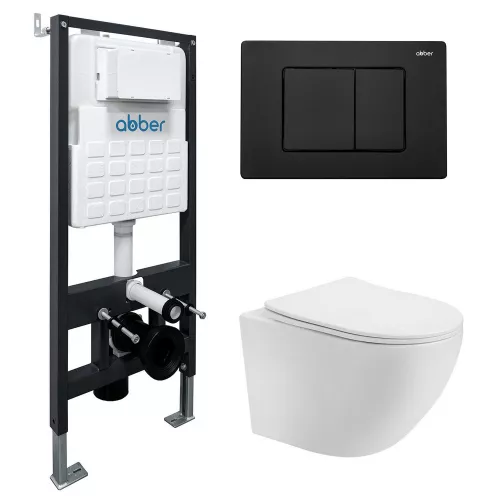 Комплект подвесной унитаз ABBER Bequem AC1100T белый с инсталляцией AC0105 и кнопкой черный матовый, Цвет кнопки: Черный, Выбрать цвет: Белый, Внешний вид: квадратная кнопка