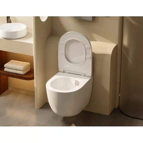 Комплект подвесной унитаз ABBER Bequem AC1100T белый с инсталляцией AC0105 и кнопкой золото розовое, Цвет кнопки: Золото, Выбрать цвет: Белый, Внешний вид: квадратная кнопка, изображение 4