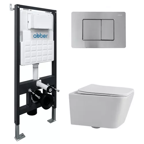 Комплект подвесной унитаз ABBER Rechteck AC1201 белый с инсталляцией AC0105 и кнопкой матовый хром, Цвет кнопки: Матовый хром, Выбрать цвет: Белый, Внешний вид: квадратная кнопка