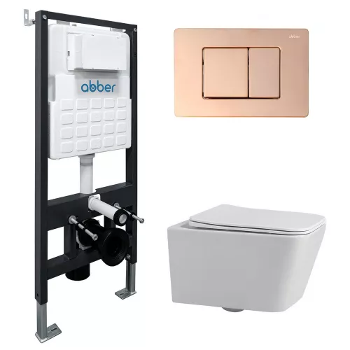 Комплект подвесной унитаз ABBER Rechteck AC1201 белый с инсталляцией AC0105 и кнопкой золото розовое, Цвет кнопки: Золото, Выбрать цвет: Белый, Внешний вид: квадратная кнопка