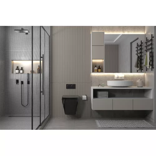 Комплект подвесной унитаз ABBER Rechteck AC1201MB черный матовый с инсталляцией AC0105 и кнопкой матовый хром, Цвет кнопки: Матовый хром, Выбрать цвет: Черный, Внешний вид: квадратная кнопка, изображение 3