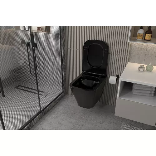 Комплект подвесной унитаз ABBER Rechteck AC1201MB черный матовый с инсталляцией AC0105 и кнопкой никель, Цвет кнопки: Серый, Выбрать цвет: Черный, Внешний вид: квадратная кнопка, изображение 4