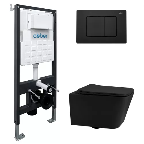 Комплект подвесной унитаз ABBER Rechteck AC1201MB черный матовый с инсталляцией AC0105 и кнопкой черный матовый, Цвет кнопки: Черный, Выбрать цвет: Черный, Внешний вид: квадратная кнопка