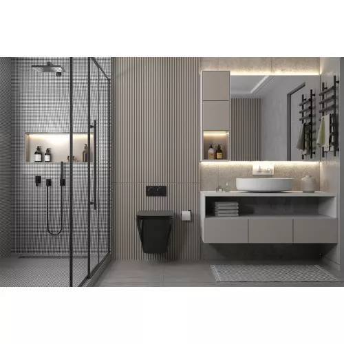 Комплект подвесной унитаз ABBER Rechteck AC1201MB черный матовый с инсталляцией AC0105 и кнопкой  золото матовое, Цвет кнопки: Золото, Выбрать цвет: Черный, Внешний вид: квадратная кнопка, изображение 2