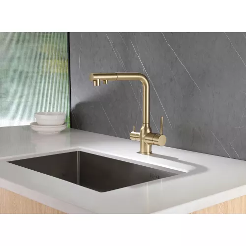 Смеситель ABBER Emotion AF8814G для кухни с подключением фильтра и выдвижной лейкой, золото матовое, Выбрать цвет: Золото, изображение 2