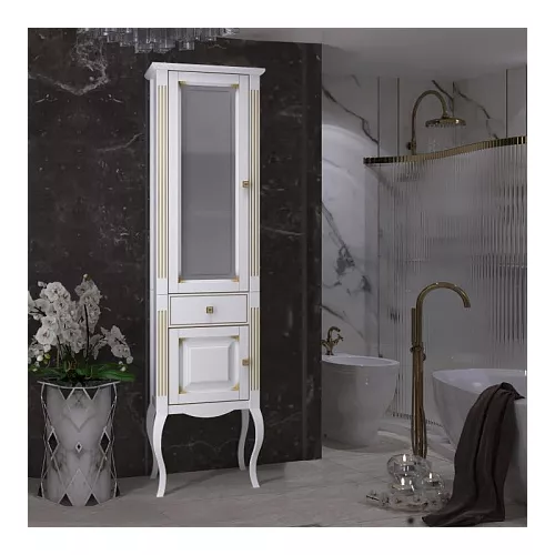 Пенал напольный OPADIRIS Лаура левый белый матовый с бежевой патиной/swarovski золото, Ориентация: Левая, Выбрать цвет: Белый/золото, изображение 2