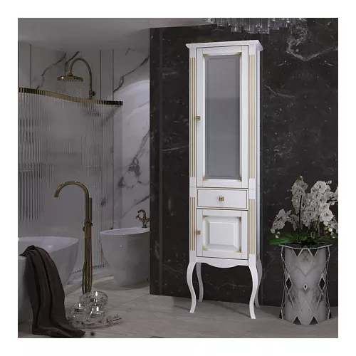 Пенал напольный OPADIRIS Лаура правый белый матовый с бежевой патиной/swarovski золото, Ориентация: Правая, Выбрать цвет: Белый/золото, изображение 2