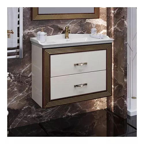 Тумба подвесная с раковиной Opadiris Карат 80 см ,Бежевый глянцевый с золотой патиной, Выбрать цвет: Золото, изображение 2