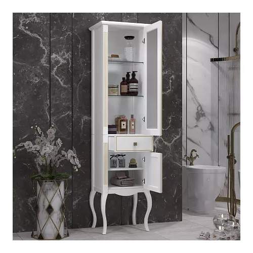 Пенал напольный OPADIRIS Лаура правый белый матовый с бежевой патиной/swarovski золото, Ориентация: Правая, Выбрать цвет: Белый/золото, изображение 3