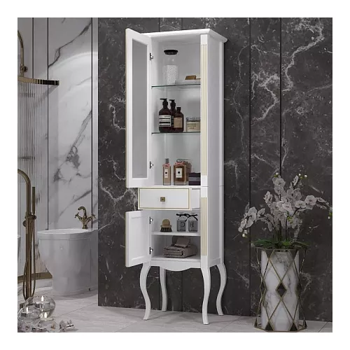 Пенал напольный OPADIRIS Лаура левый белый матовый с бежевой патиной/swarovski золото, Ориентация: Левая, Выбрать цвет: Белый/золото, изображение 3