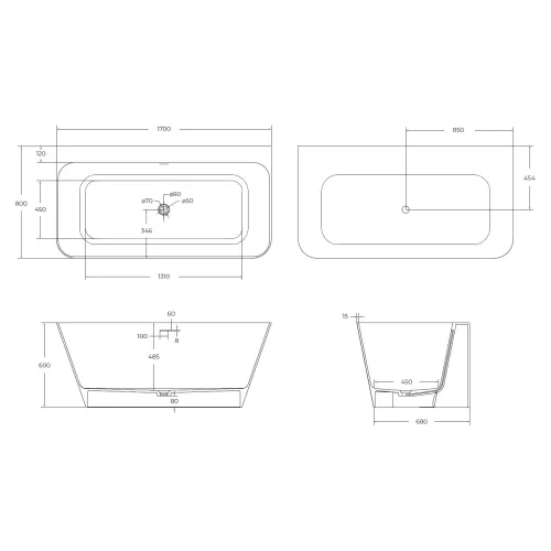 Ванна из искусственного камня Solid Surface CEZARES CZR-LINER-170-80-60-SSB, изображение 8