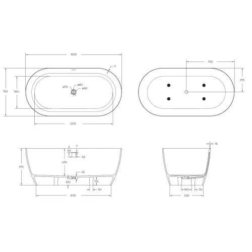Ванна из искусственного камня Solid Surface CEZARES CZR-RELAX-SSB, Выбрать размер: 150х75, изображение 8