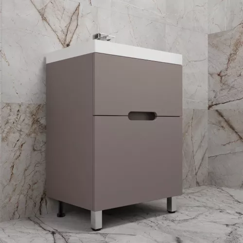 Тумба напольная Style line "Матис " с раковиной ASTI (2 ящика), ТАУП ТЁМНЫЙ, ЭМАЛЬ, Выбрать цвет: Тауп темный, Выбрать размер: 60, Внешний вид: с белой раковиной, изображение 2