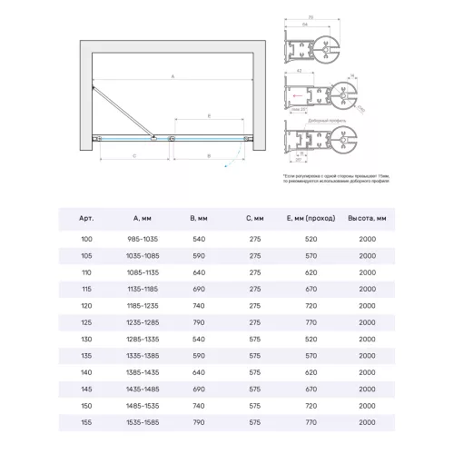 Душевая дверь в нишу Vegas-Glass 155 см EP-F-1 NOVO h2000 155 03 01 L профиль золото матовое, стекло прозрачное, изображение 5