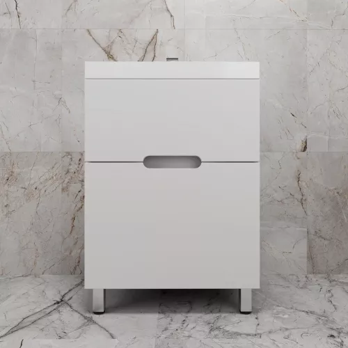 Тумба напольная "Матис " с раковиной ASTI (2 ящика), Белый матовый, ЭМАЛЬ, Выбрать цвет: Белый, Выбрать размер: 60, Внешний вид: с белой раковиной