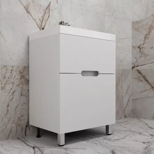 Тумба напольная "Матис " с раковиной ASTI (2 ящика), Белый матовый, ЭМАЛЬ, Выбрать цвет: Белый, Выбрать размер: 60, Внешний вид: с белой раковиной, изображение 2