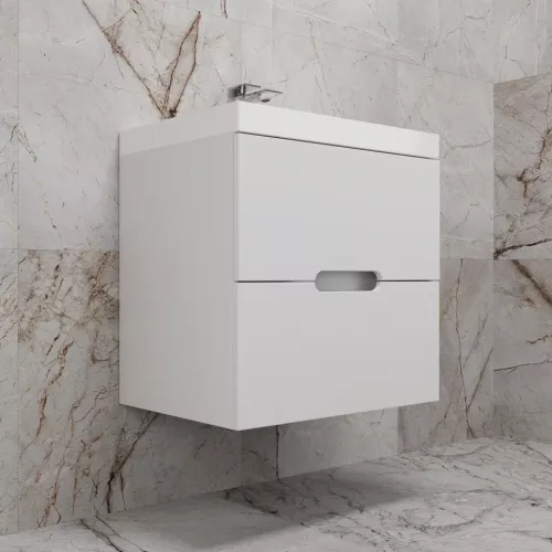 Тумба подвесная "Матис" с раковиной ASTI (2 ящика), Белый матовый, ЭМАЛЬ, Выбрать цвет: Белый, Выбрать размер: 60, Внешний вид: с белой раковиной, изображение 2