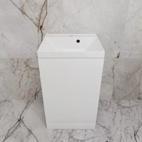 Тумба напольная "МОНО 50" с раковиной ASTI 50, белый софт, Выбрать цвет: Белый софт, Внешний вид: с белой раковиной, изображение 3