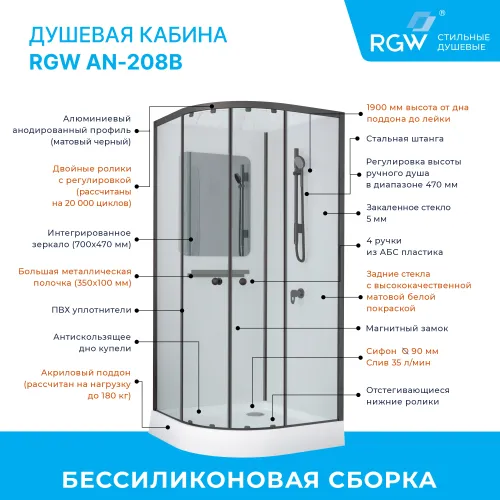 Душевая кабина RGW AN-208 черный/прозрачное, Цвет профиля: Черный, Выбрать размер: 80х80, изображение 4