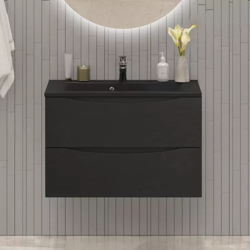 Тумба с раковиной подвесная BelBagno MARINO 80 Rovere Cioccolato Amaro, раковина чёрная, Выбрать цвет: Дуб шоколадный, Выбрать размер: 80, Внешний вид: с черной раковиной, изображение 8