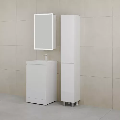 Тумба напольная "БАТЛЕР" (1 ящ.) с раковиной ASTI 50 Люкс антискрейтч белый глянец PLUS, Выбрать цвет: Белый глянец, Выбрать размер: 50, Внешний вид: с белой раковиной