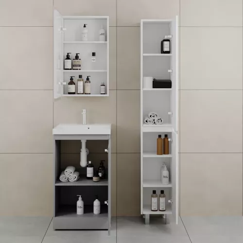 Тумба напольная "БАТЛЕР" (1 ящ.) с раковиной ASTI 50 Люкс антискрейтч серый PLUS, Выбрать цвет: Серый, Выбрать размер: 50, Внешний вид: с белой раковиной, изображение 3