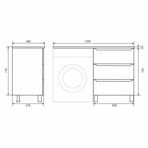 Тумба под стиральную машину напольная Uperwood Tanos 60, черная, 2/3 ящика, Выбрать цвет: Черный матовый, Выбрать размер: 60, Внешний вид: 3 ящика, изображение 7