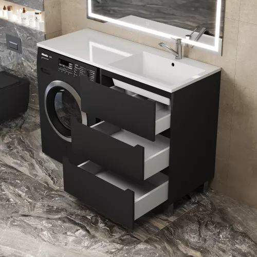 Тумба под стиральную машину напольная Uperwood Tanos 60, черная, 2/3 ящика, Выбрать цвет: Черный матовый, Выбрать размер: 60, Внешний вид: 3 ящика, изображение 2