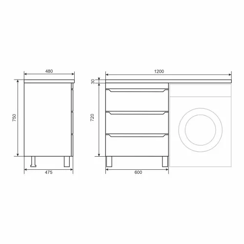 Тумба под стиральную машину напольная Uperwood Tanos 60, черная, 2/3 ящика, Выбрать цвет: Черный матовый, Выбрать размер: 60, Внешний вид: 3 ящика, изображение 8