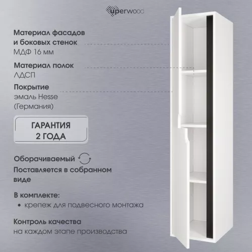 Шкаф-пенал подвесной Uperwood Modul 33х150 см, белый/графит, Выбрать цвет: Белый/графит, изображение 7