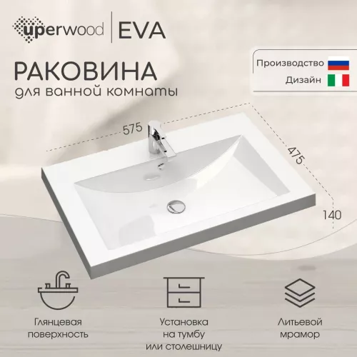 Раковина для ванной 60 см, Uperwood Eva, белая глянцевая