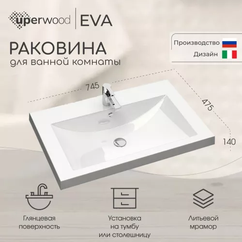 Раковина для ванной 75 см, Uperwood Eva, белая глянцевая