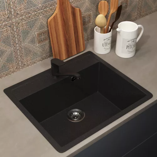 Кухонная мойка из искусственного камня Uperwood ECON UPD-104-004, прямоугольная, черная матовая, Выбрать цвет: Черный оникс, изображение 2
