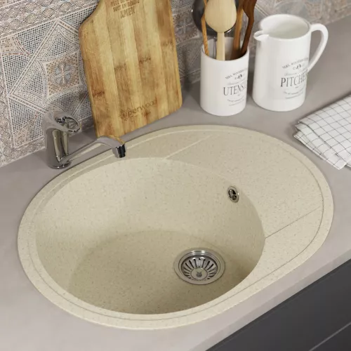 Кухонная мойка из искусственного камня Uperwood ECON UPD-107-002, овальная, бежевая матовая, Выбрать цвет: Слоновая кость, изображение 2