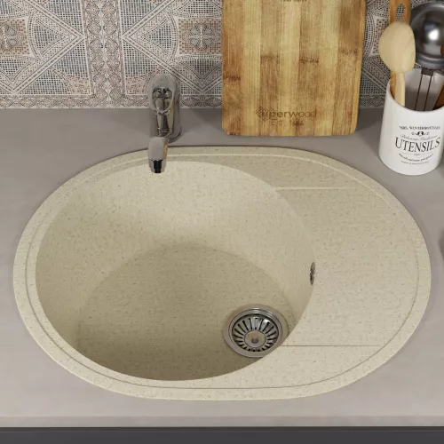 Кухонная мойка из искусственного камня Uperwood ECON UPD-107-002, овальная, бежевая матовая, Выбрать цвет: Слоновая кость, изображение 3