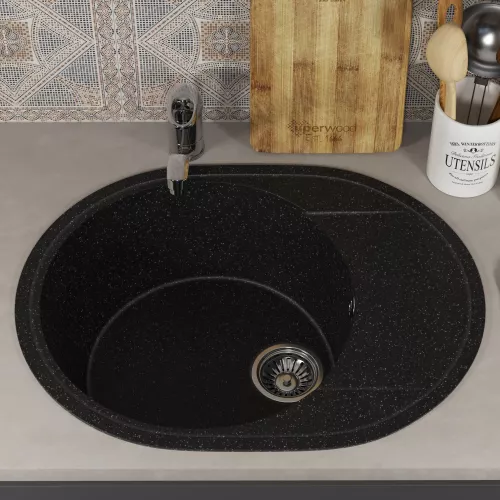 Кухонная мойка из искусственного камня Uperwood ECON UPD-107-004, овальная, черная матовая, Выбрать цвет: Черный оникс, изображение 3