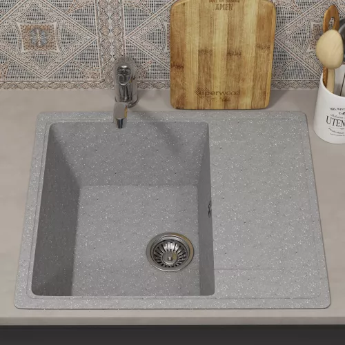 Кухонная мойка из искусственного камня Uperwood ECON UPD-201-003, прямоугольная, серая матовая, Выбрать цвет: Светло-серый, изображение 3