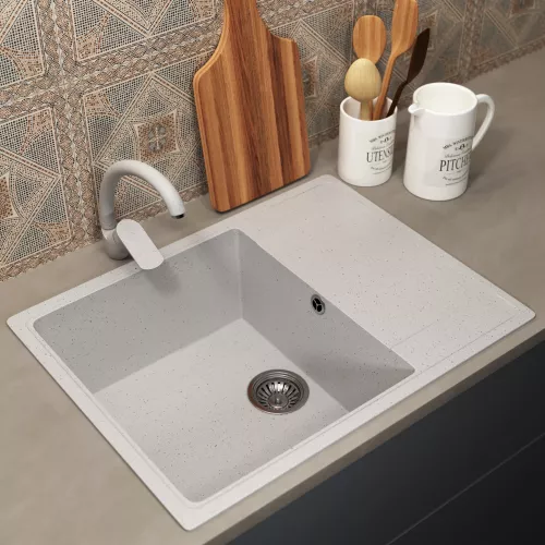 Кухонная мойка из искусственного камня Uperwood ECON UPD-202-001, прямоугольная, белая матовая, Выбрать цвет: Белый камень, изображение 2
