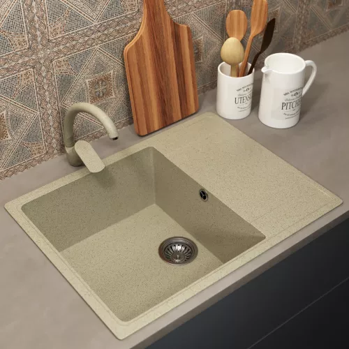 Кухонная мойка из искусственного камня Uperwood ECON UPD-202-002, прямоугольная, бежевая матовая, Выбрать цвет: Слоновая кость, изображение 2
